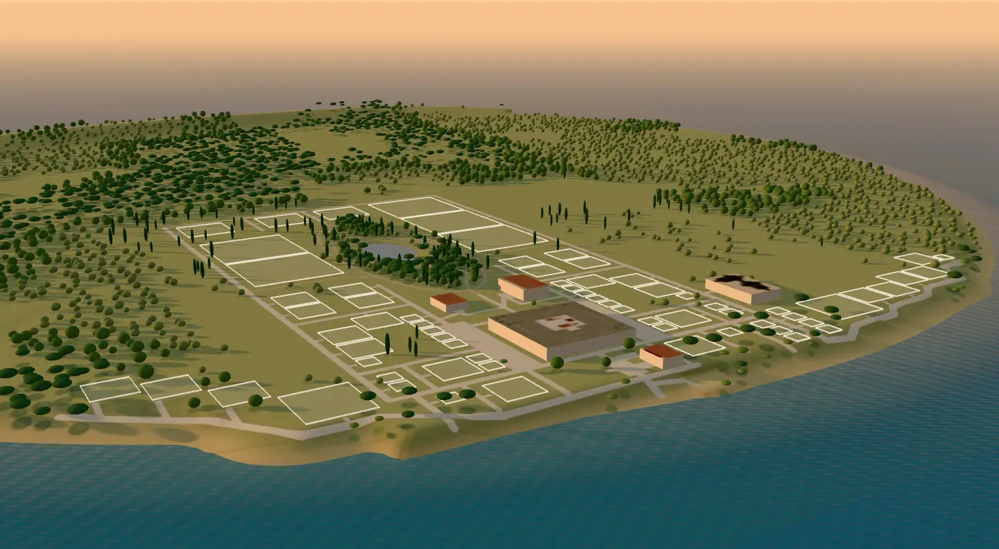 The island from over the sea at the golden hour: the beach, the Palazzo and the plots of the town.